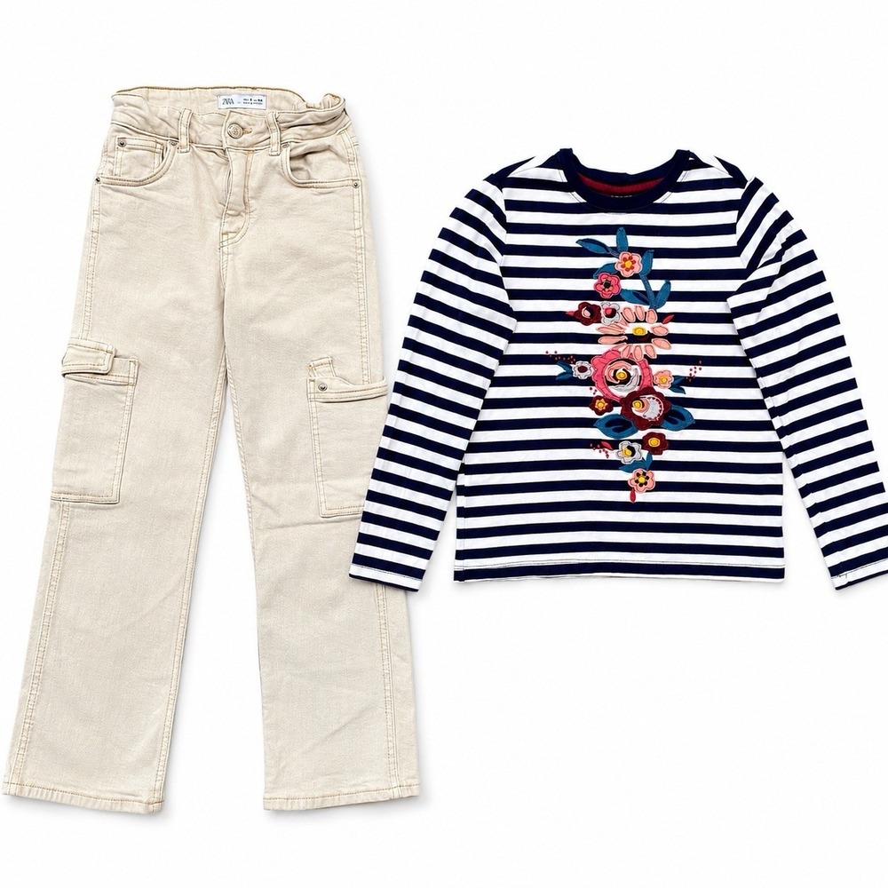 Lot Of 2 Pieces Girl Size 9 Cargo Pants Floral Stripe Top Casual Cotton